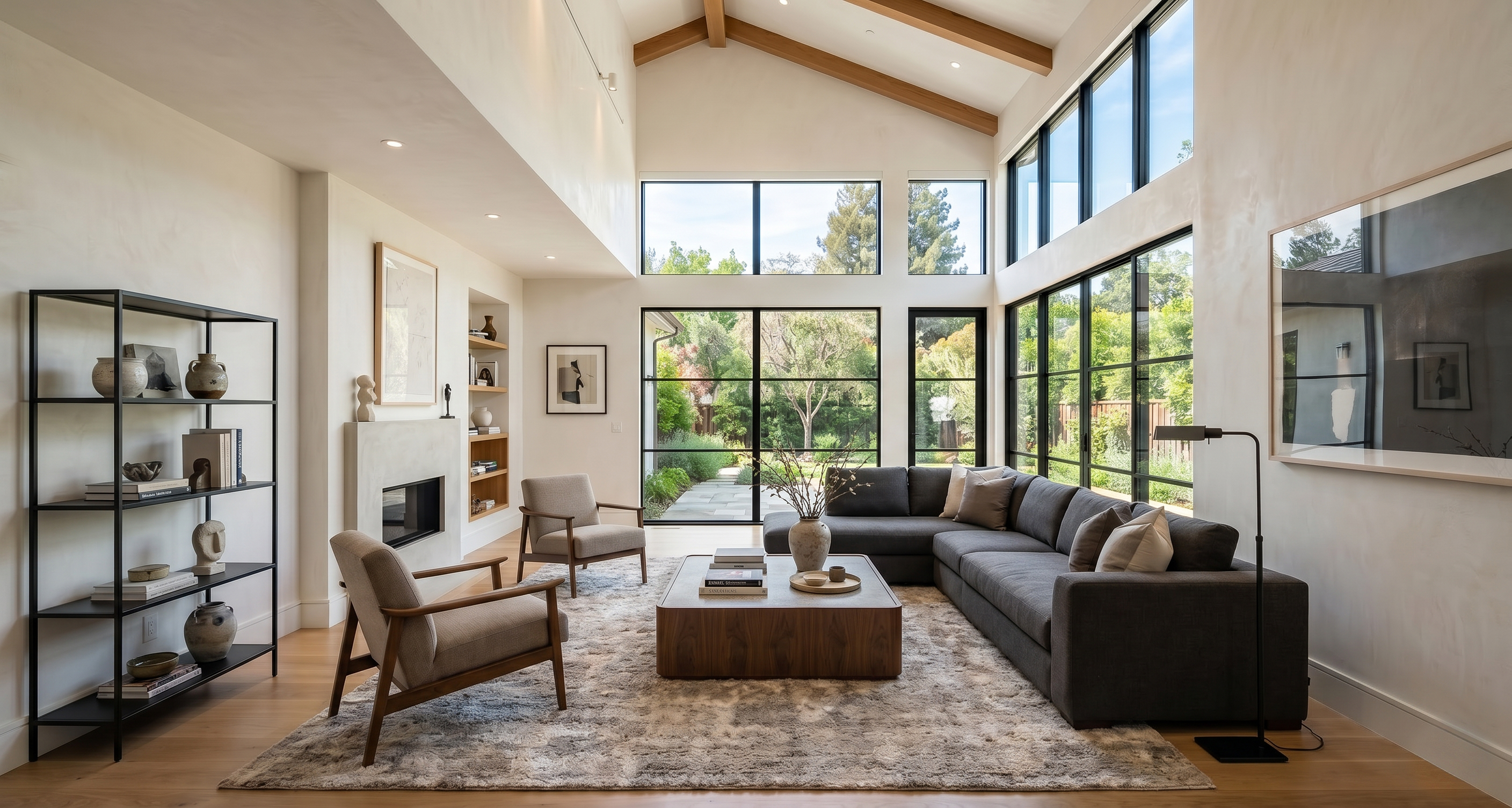 The same living room after virtual staging with furniture and decor added.