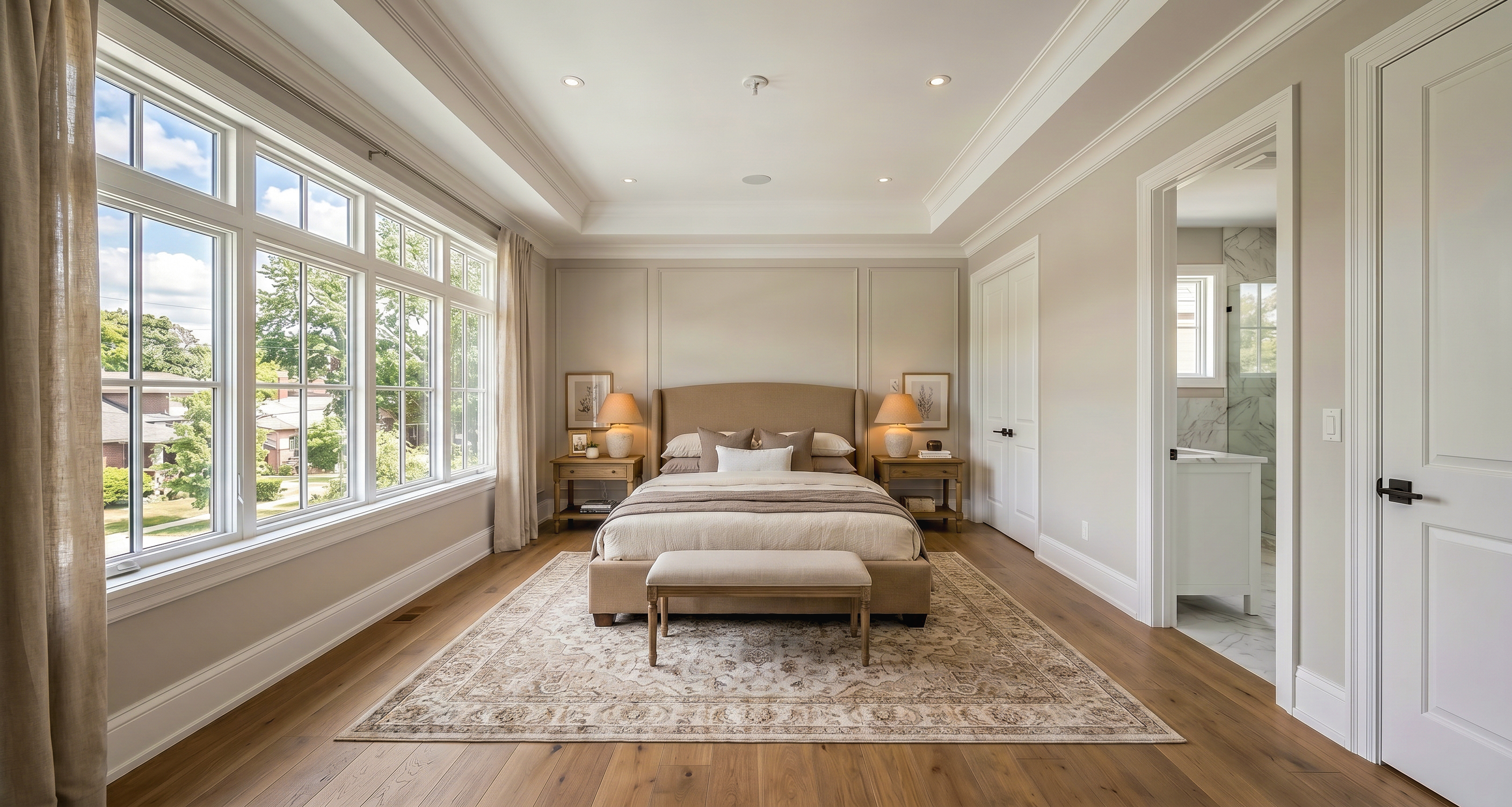 Bedroom after virtual staging with furniture and decor added.