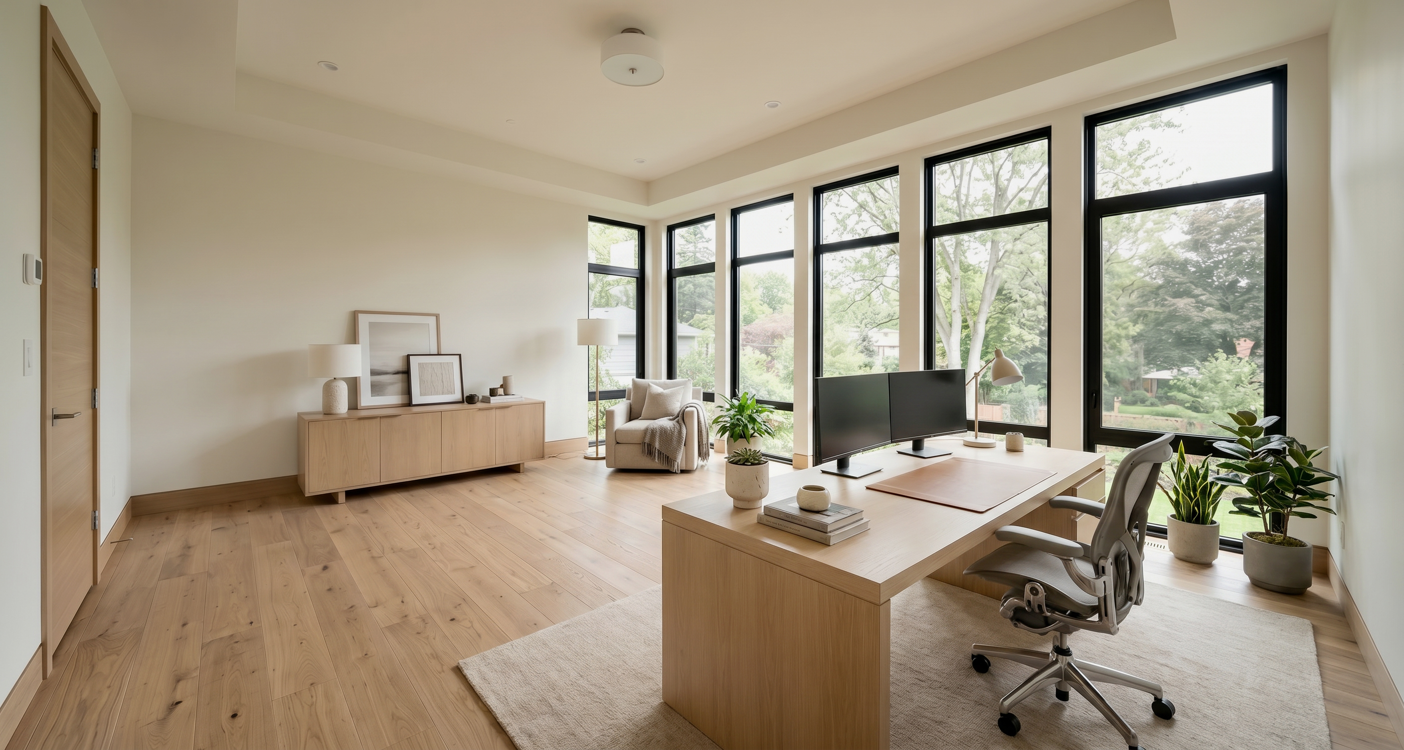Home office after virtual staging with furniture and decor added.